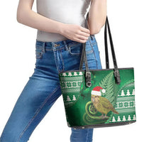 New Zealand Kakapo Christmas In July Leather Tote Bag Silver Fern Santa Xmas Green Color