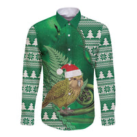 New Zealand Kakapo Christmas In July Long Sleeve Button Shirt Silver Fern Santa Xmas Green Color LT22 Unisex Green - Polynesian Pride