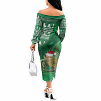 New Zealand Kakapo Christmas In July Off The Shoulder Long Sleeve Dress Silver Fern Santa Xmas Green Color LT22 - Polynesian Pride