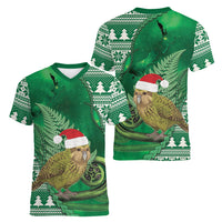 New Zealand Kakapo Christmas In July Women V-Neck T-Shirt Silver Fern Santa Xmas Green Color
