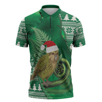 New Zealand Kakapo Christmas In July Zipper Polo Shirt Silver Fern Santa Xmas Green Color LT22 Green - Polynesian Pride