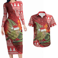 New Zealand Kakapo Christmas In July Couples Matching Long Sleeve Bodycon Dress and Hawaiian Shirt Silver Fern Santa Xmas Red Color LT22 Red - Polynesian Pride