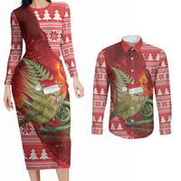 New Zealand Kakapo Christmas In July Couples Matching Long Sleeve Bodycon Dress and Long Sleeve Button Shirt Silver Fern Santa Xmas Red Color LT22 Red - Polynesian Pride