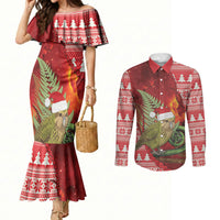 New Zealand Kakapo Christmas In July Couples Matching Mermaid Dress and Long Sleeve Button Shirt Silver Fern Santa Xmas Red Color LT22 Red - Polynesian Pride