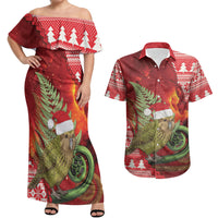 New Zealand Kakapo Christmas In July Couples Matching Off Shoulder Maxi Dress and Hawaiian Shirt Silver Fern Santa Xmas Red Color LT22 Red - Polynesian Pride