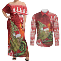 New Zealand Kakapo Christmas In July Couples Matching Off Shoulder Maxi Dress and Long Sleeve Button Shirt Silver Fern Santa Xmas Red Color LT22 Red - Polynesian Pride