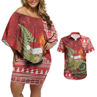 New Zealand Kakapo Christmas In July Couples Matching Off Shoulder Short Dress and Hawaiian Shirt Silver Fern Santa Xmas Red Color LT22 Red - Polynesian Pride