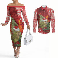 New Zealand Kakapo Christmas In July Couples Matching Off The Shoulder Long Sleeve Dress and Long Sleeve Button Shirt Silver Fern Santa Xmas Red Color LT22 Red - Polynesian Pride