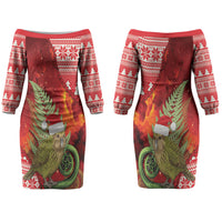 New Zealand Kakapo Christmas In July Couples Matching Off The Shoulder Long Sleeve Dress and Long Sleeve Button Shirt Silver Fern Santa Xmas Red Color LT22 - Polynesian Pride