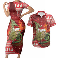 New Zealand Kakapo Christmas In July Couples Matching Short Sleeve Bodycon Dress and Hawaiian Shirt Silver Fern Santa Xmas Red Color LT22 Red - Polynesian Pride