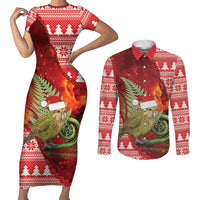 New Zealand Kakapo Christmas In July Couples Matching Short Sleeve Bodycon Dress and Long Sleeve Button Shirt Silver Fern Santa Xmas Red Color