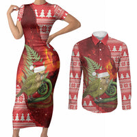 New Zealand Kakapo Christmas In July Couples Matching Short Sleeve Bodycon Dress and Long Sleeve Button Shirt Silver Fern Santa Xmas Red Color LT22 Red - Polynesian Pride