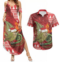 New Zealand Kakapo Christmas In July Couples Matching Summer Maxi Dress and Hawaiian Shirt Silver Fern Santa Xmas Red Color LT22 Red - Polynesian Pride