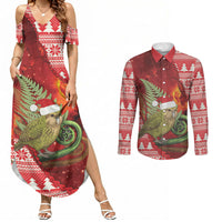 New Zealand Kakapo Christmas In July Couples Matching Summer Maxi Dress and Long Sleeve Button Shirt Silver Fern Santa Xmas Red Color LT22 Red - Polynesian Pride