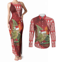 New Zealand Kakapo Christmas In July Couples Matching Tank Maxi Dress and Long Sleeve Button Shirt Silver Fern Santa Xmas Red Color LT22 Red - Polynesian Pride