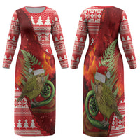 New Zealand Kakapo Christmas In July Family Matching Long Sleeve Bodycon Dress and Hawaiian Shirt Silver Fern Santa Xmas Red Color LT22 Mom's Dress Red - Polynesian Pride