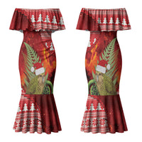 New Zealand Kakapo Christmas In July Family Matching Mermaid Dress and Hawaiian Shirt Silver Fern Santa Xmas Red Color LT22 Mom's Dress Red - Polynesian Pride