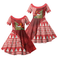 New Zealand Kakapo Christmas In July Family Matching Off The Shoulder Long Sleeve Dress and Hawaiian Shirt Silver Fern Santa Xmas Red Color LT22 Daughter's Dress Red - Polynesian Pride