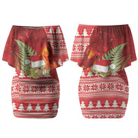 New Zealand Kakapo Christmas In July Family Matching Off Shoulder Short Dress and Hawaiian Shirt Silver Fern Santa Xmas Red Color LT22 Mom's Dress Red - Polynesian Pride