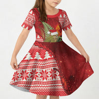 New Zealand Kakapo Christmas In July Kid Short Sleeve Dress Silver Fern Santa Xmas Red Color LT22 KID Red - Polynesian Pride