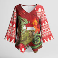 New Zealand Kakapo Christmas In July Kimono Sleeve Blouse Silver Fern Santa Xmas Red Color