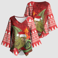 New Zealand Kakapo Christmas In July Kimono Sleeve Blouse Silver Fern Santa Xmas Red Color
