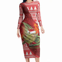 New Zealand Kakapo Christmas In July Long Sleeve Bodycon Dress Silver Fern Santa Xmas Red Color LT22 Long Dress Red - Polynesian Pride
