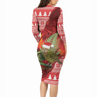 New Zealand Kakapo Christmas In July Long Sleeve Bodycon Dress Silver Fern Santa Xmas Red Color LT22 - Polynesian Pride