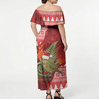 New Zealand Kakapo Christmas In July Off Shoulder Maxi Dress Silver Fern Santa Xmas Red Color LT22 - Polynesian Pride