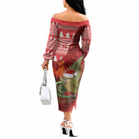 New Zealand Kakapo Christmas In July Off The Shoulder Long Sleeve Dress Silver Fern Santa Xmas Red Color LT22 - Polynesian Pride