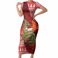 New Zealand Kakapo Christmas In July Short Sleeve Bodycon Dress Silver Fern Santa Xmas Red Color LT22 Long Dress Red - Polynesian Pride