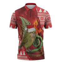 New Zealand Kakapo Christmas In July Zipper Polo Shirt Silver Fern Santa Xmas Red Color LT22 Red - Polynesian Pride