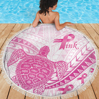 Breast Cancer Awareness Beach Blanket Pink Ribbon Turtle Polynesian Pattern White