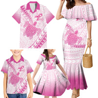 Breast Cancer Awareness Personalised Family Matching Mermaid Dress and Hawaiian Shirt Pink Ribbon Turtle Polynesian Pattern White