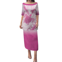 Breast Cancer Awareness Personalised Puletasi Pink Ribbon Turtle Polynesian Pattern White