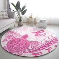 Breast Cancer Awareness Round Carpet Pink Ribbon Turtle Polynesian Pattern White