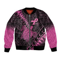 Breast Cancer Awareness Personalised Bomber Jacket Pink Ribbon Turtle Polynesian Pattern Black