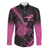 Breast Cancer Awareness Personalised Family Matching Off The Shoulder Long Sleeve Dress and Hawaiian Shirt Pink Ribbon Turtle Polynesian Pattern Black LT22 Dad's Shirt - Long Sleeve Pink - Polynesian Pride