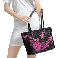 Breast Cancer Awareness Leather Tote Bag Pink Ribbon Turtle Polynesian Pattern Black LT22 - Polynesian Pride