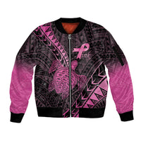 Breast Cancer Awareness Personalised Sleeve Zip Bomber Jacket Pink Ribbon Turtle Polynesian Pattern Black