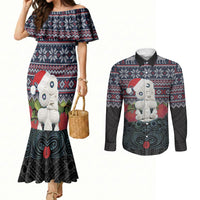 New Zealand Hei Tiki Christmas In July Couples Matching Mermaid Dress and Long Sleeve Button Shirt Pohutukawa Santa Xmas Polynesian Pattern LT22 Black - Polynesian Pride