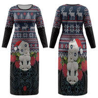New Zealand Hei Tiki Christmas In July Family Matching Long Sleeve Bodycon Dress and Hawaiian Shirt Pohutukawa Santa Xmas Polynesian Pattern LT22 Mom's Dress Black - Polynesian Pride