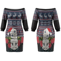 New Zealand Hei Tiki Christmas In July Family Matching Off The Shoulder Long Sleeve Dress and Hawaiian Shirt Pohutukawa Santa Xmas Polynesian Pattern LT22 Mom's Dress Black - Polynesian Pride