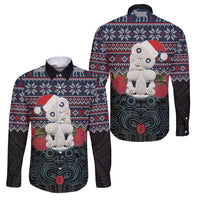 New Zealand Hei Tiki Christmas In July Family Matching Off The Shoulder Long Sleeve Dress and Hawaiian Shirt Pohutukawa Santa Xmas Polynesian Pattern LT22 Dad's Shirt - Long Sleeve Black - Polynesian Pride