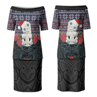 New Zealand Hei Tiki Christmas In July Family Matching Puletasi and Hawaiian Shirt Pohutukawa Santa Xmas Polynesian Pattern LT22 Mom's Dress Black - Polynesian Pride