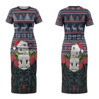 New Zealand Hei Tiki Christmas In July Family Matching Short Sleeve Bodycon Dress and Hawaiian Shirt Pohutukawa Santa Xmas Polynesian Pattern LT22 Mom's Dress Black - Polynesian Pride