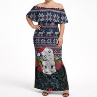 New Zealand Hei Tiki Christmas In July Off Shoulder Maxi Dress Pohutukawa Santa Xmas Polynesian Pattern LT22 Women Black - Polynesian Pride