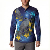 New Zealand Kokako Bird Button Sweatshirt Kowhai Galaxy Style Polynesian Pattern