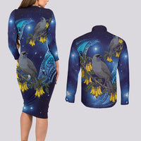 New Zealand Kokako Bird Couples Matching Long Sleeve Bodycon Dress and Long Sleeve Button Shirt Kowhai Galaxy Style Polynesian Pattern
