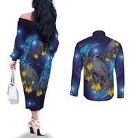 New Zealand Kokako Bird Couples Matching Off The Shoulder Long Sleeve Dress and Long Sleeve Button Shirt Kowhai Galaxy Style Polynesian Pattern